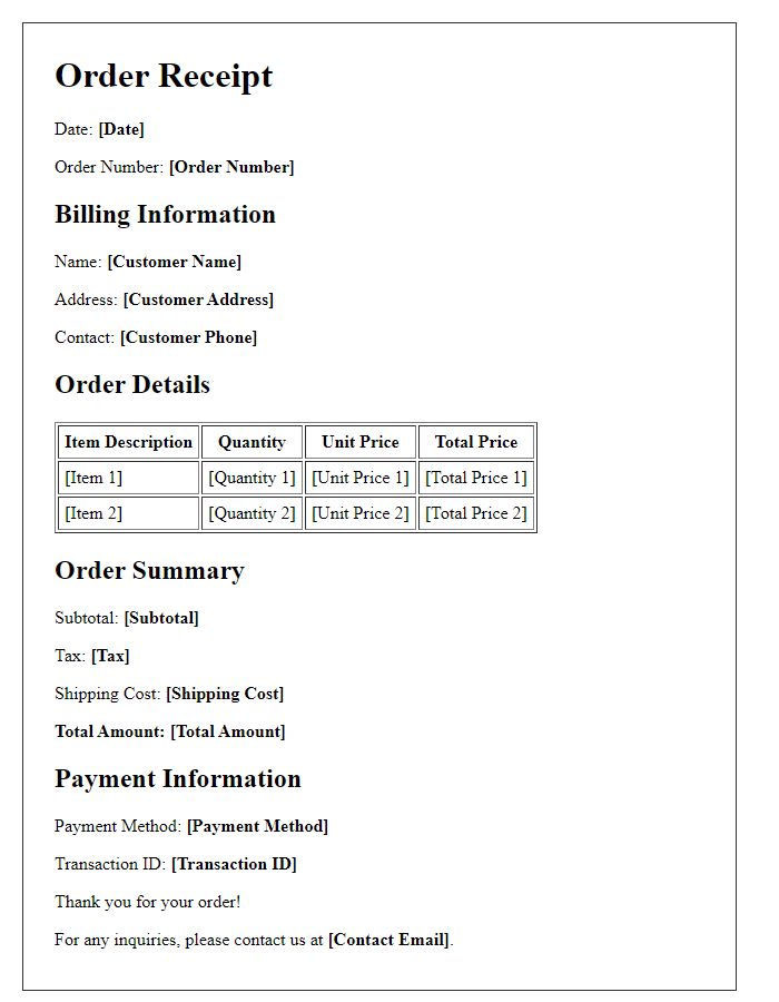 Letter template of Large Order Receipt