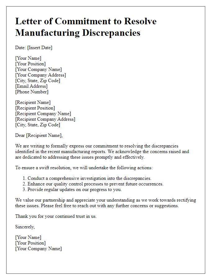 Letter template of commitment to resolve manufacturing discrepancies