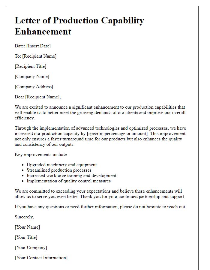 Letter template of production capability enhancement