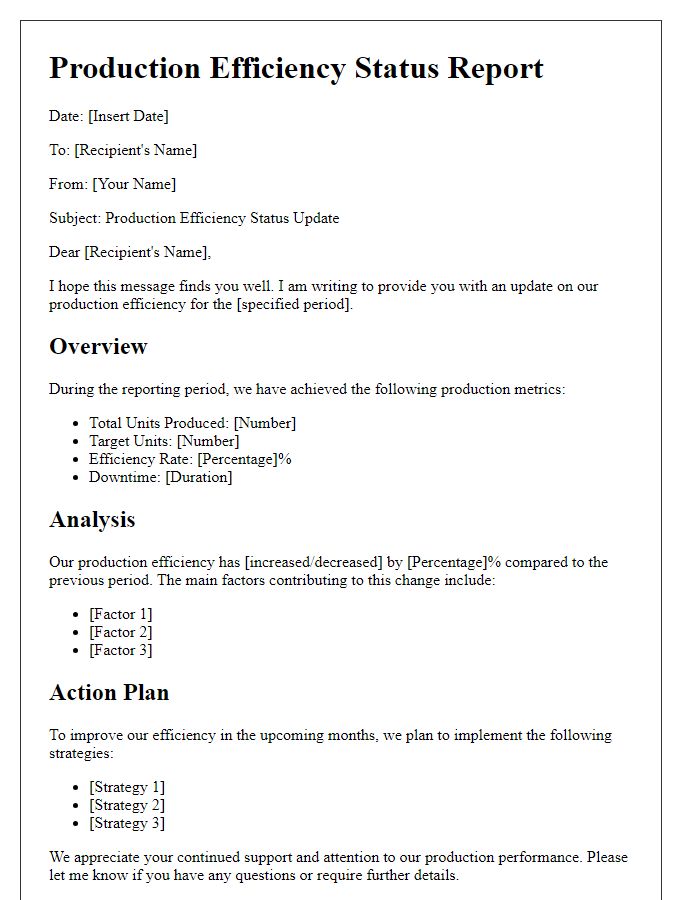 Letter template of production efficiency status