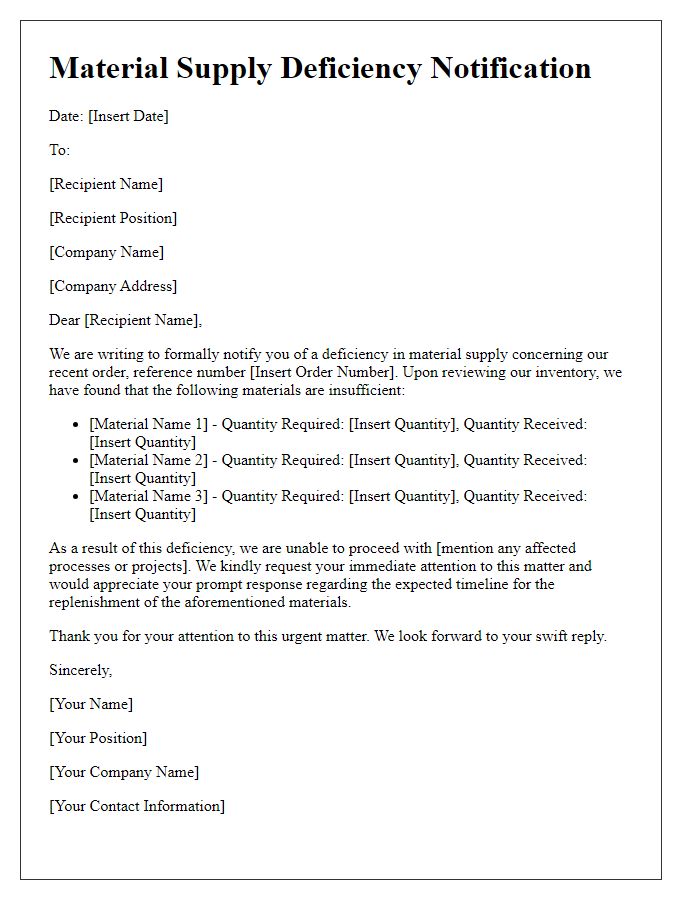 Letter template of material supply deficiency notification