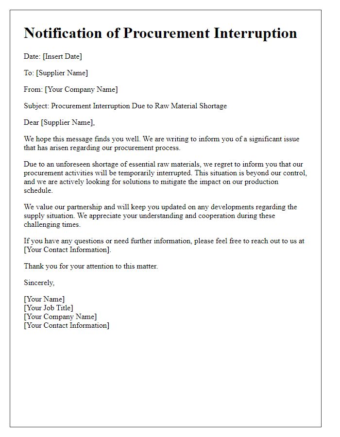 Letter template of procurement interruption due to raw material shortage