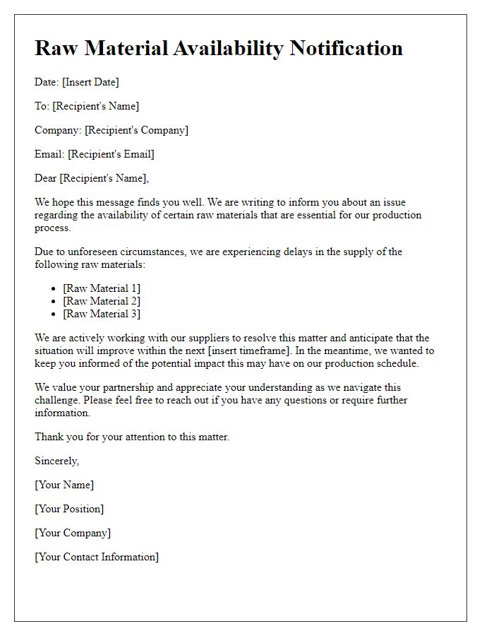 Letter template of raw material availability issue communication