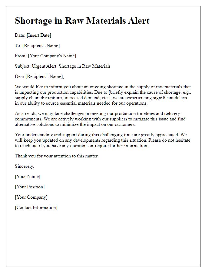 Letter template of shortage in raw materials alert