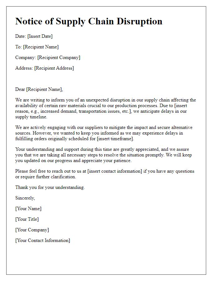 Letter template of supply chain disruption regarding raw materials