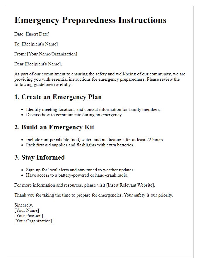 Letter template of emergency preparedness instructions