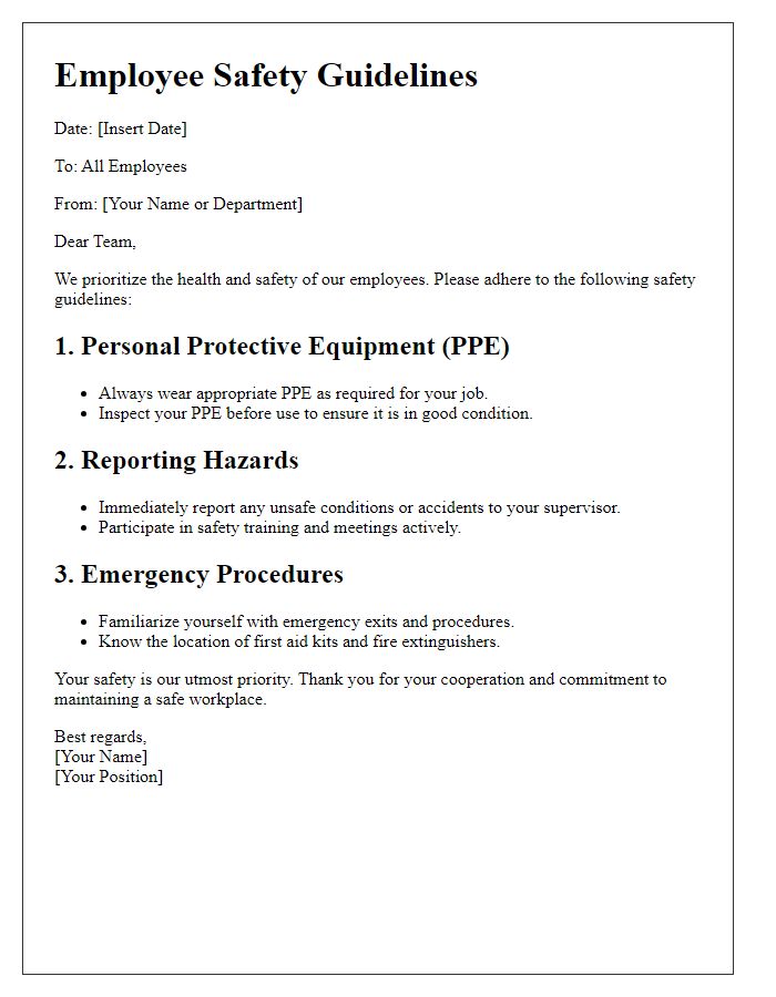 Letter template of employee safety guidelines communication