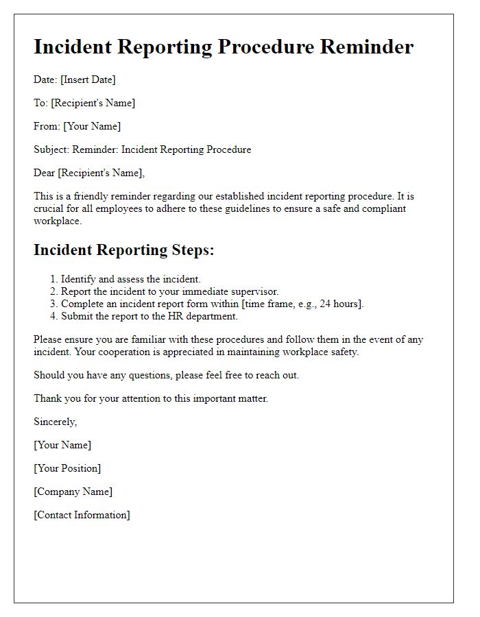 Letter template of incident reporting procedure reminder