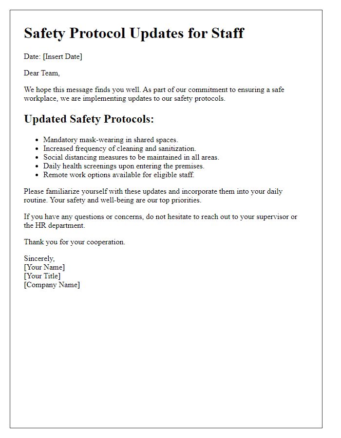 Letter template of safety protocol updates for staff