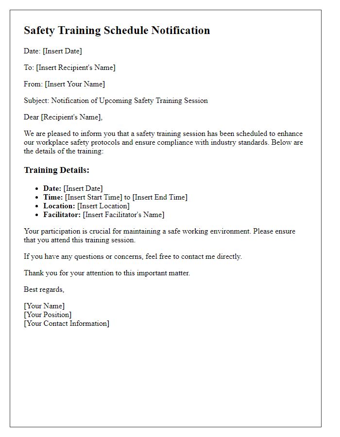 Letter template of safety training schedule notification