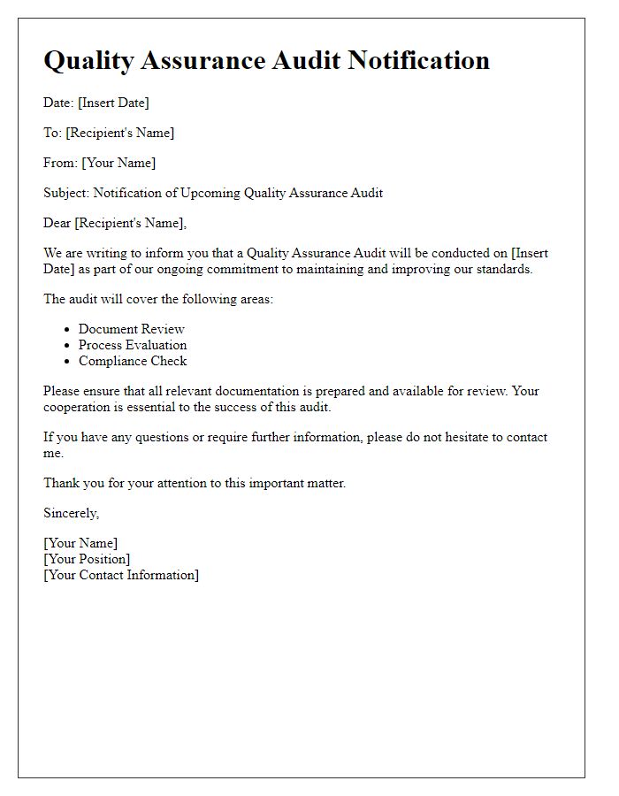 Letter template of quality assurance audit notification