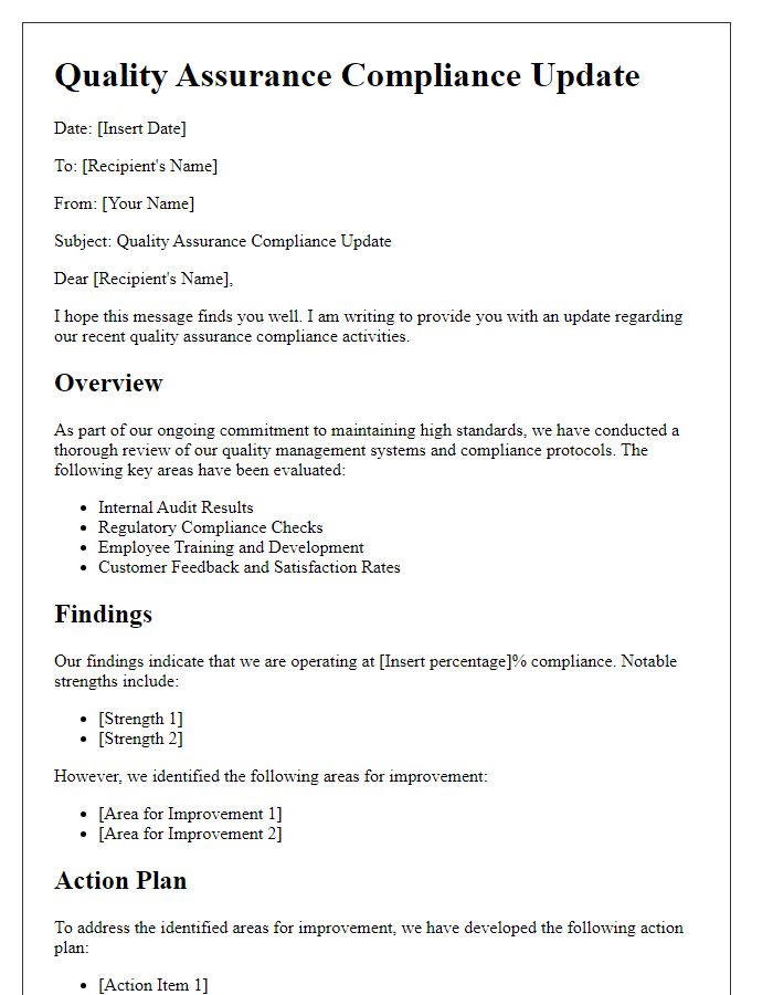 Letter template of quality assurance compliance update