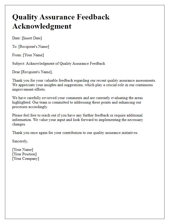 Letter template of quality assurance feedback acknowledgment