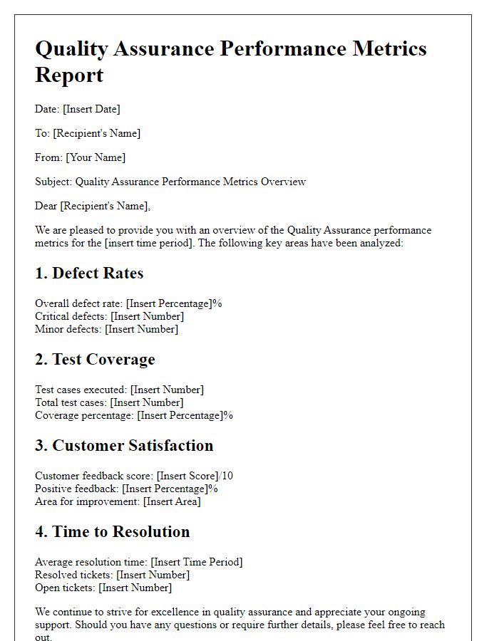 Letter template of quality assurance performance metrics