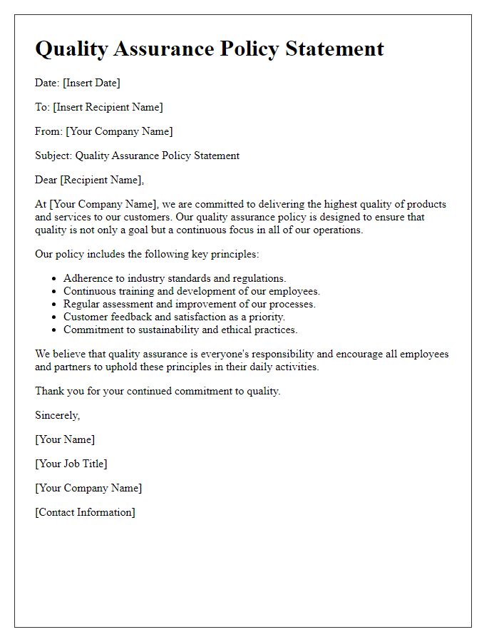 Letter template of quality assurance policy statement