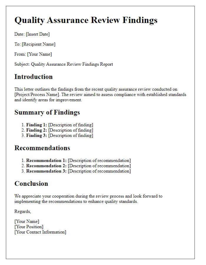 Letter template of quality assurance review findings