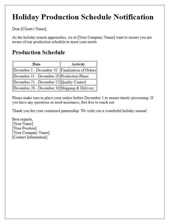 Letter template of holiday production schedule for client notifications