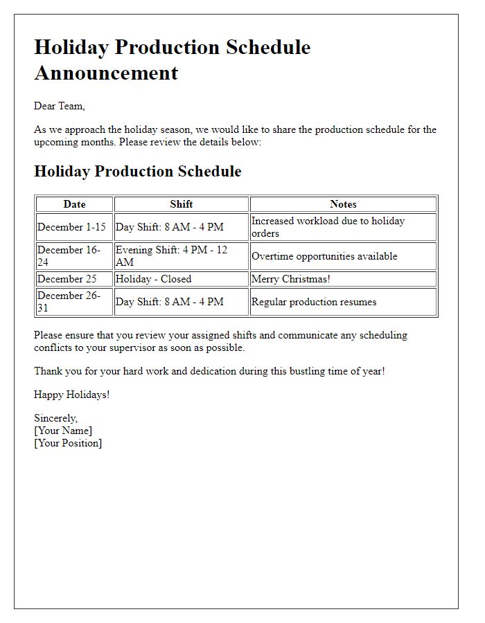 Letter template of holiday production schedule for employee announcements