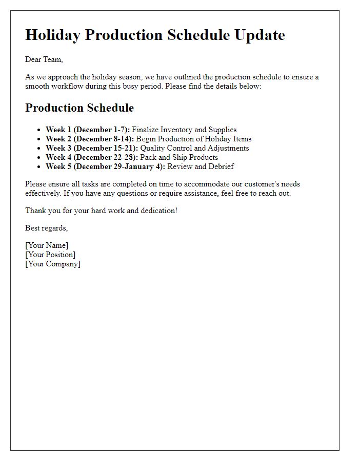 Letter template of holiday production schedule for internal updates