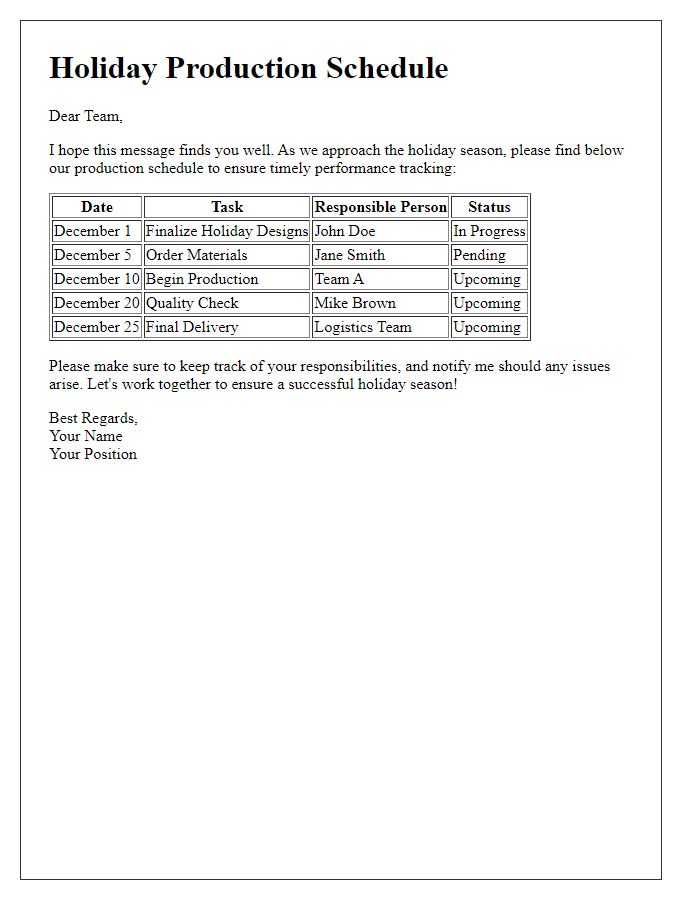 Letter template of holiday production schedule for performance tracking