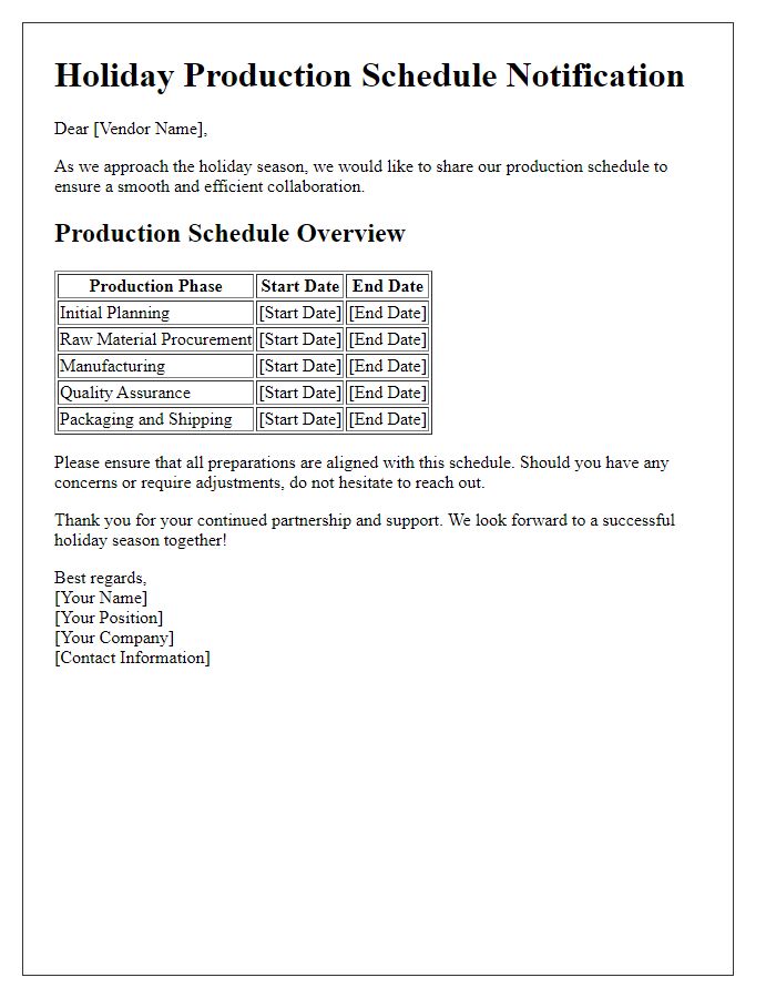 Letter template of holiday production schedule for vendor management