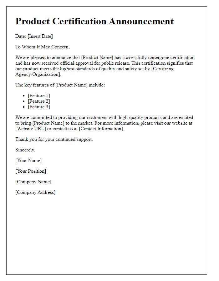 Letter template of product certification release for public announcement.