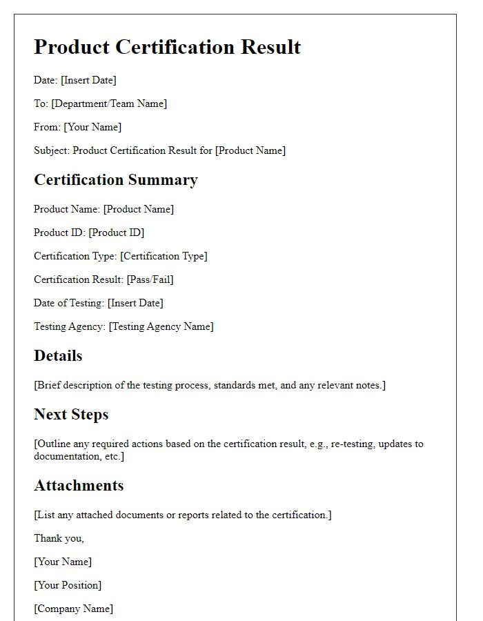 Letter template of product certification result for internal records.