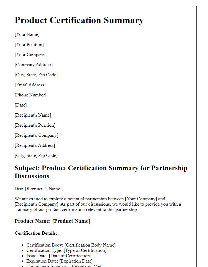 Letter template of product certification summary for partnership discussions.