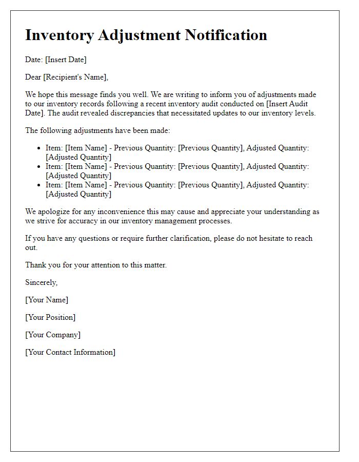 Letter template of inventory adjustment alert due to inventory audit.