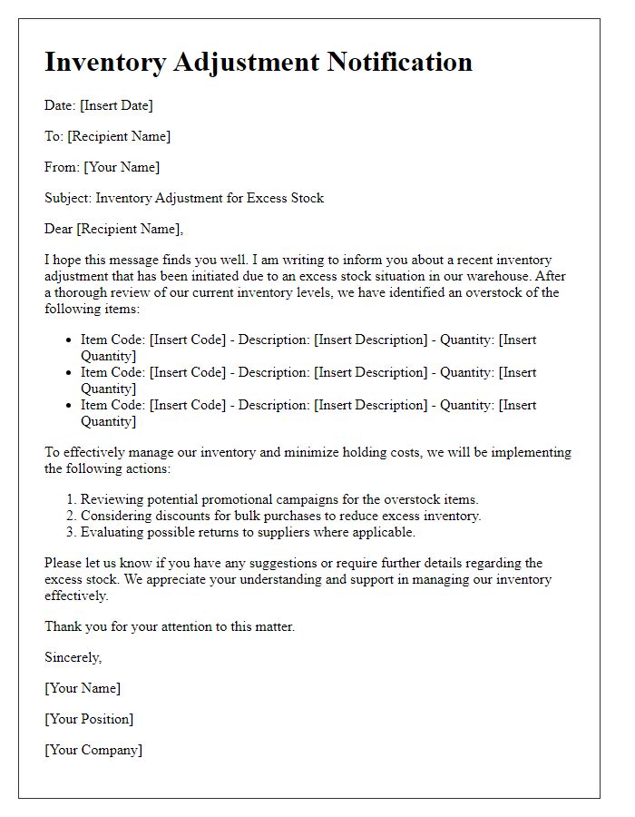 Letter template of inventory adjustment communication for excess stock.