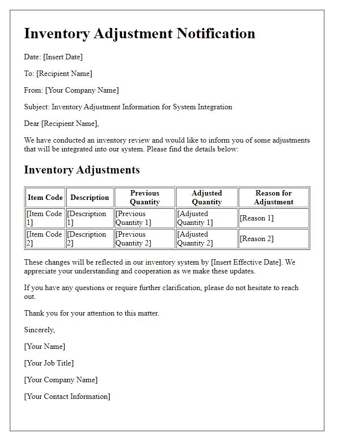 Letter template of inventory adjustment information for system integration.