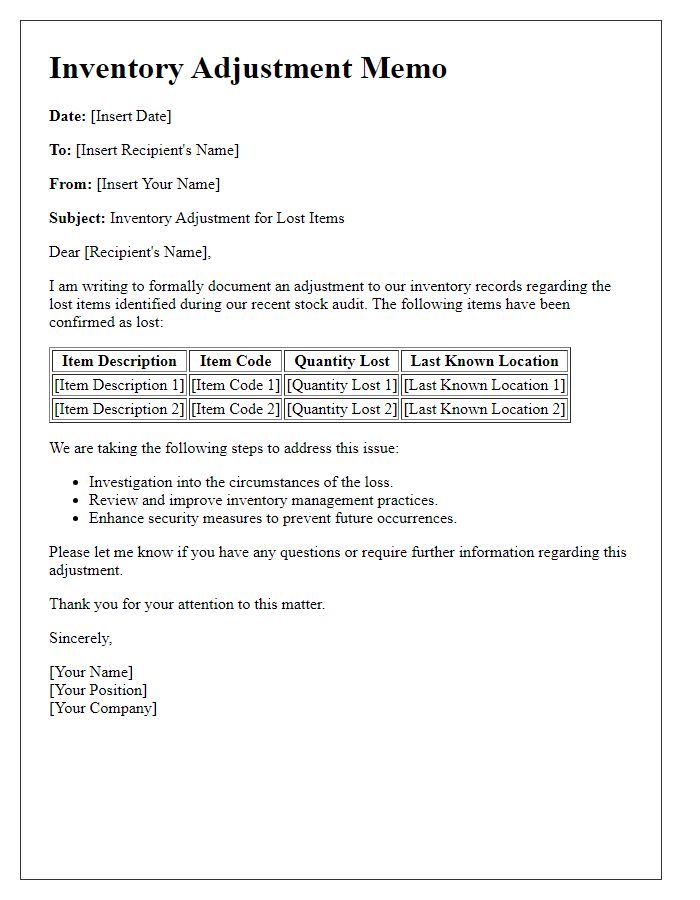 Letter template of inventory adjustment memo for lost items.