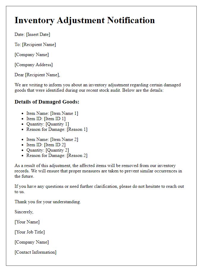 Letter template of inventory adjustment notification for damaged goods.