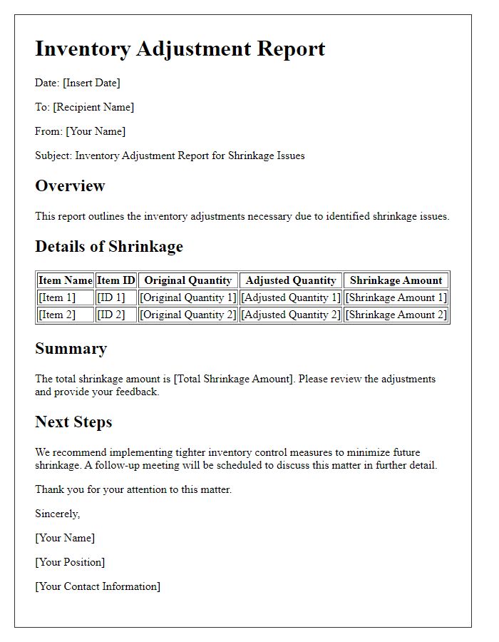 Letter template of inventory adjustment report for shrinkage issues.