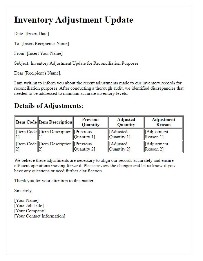 Letter template of inventory adjustment update for reconciliation purposes.