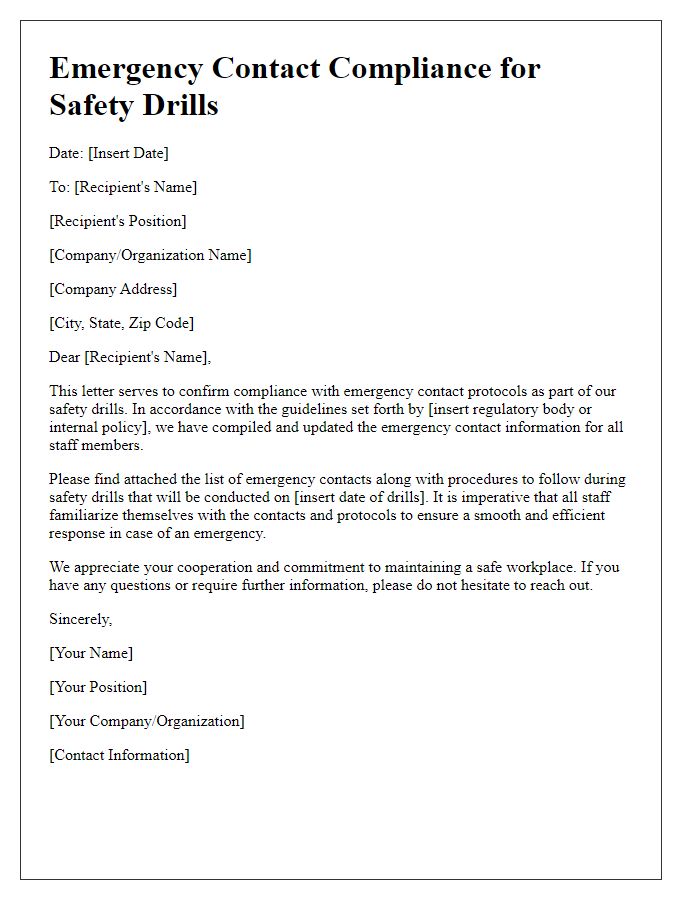 Letter template of emergency contact compliance for safety drills