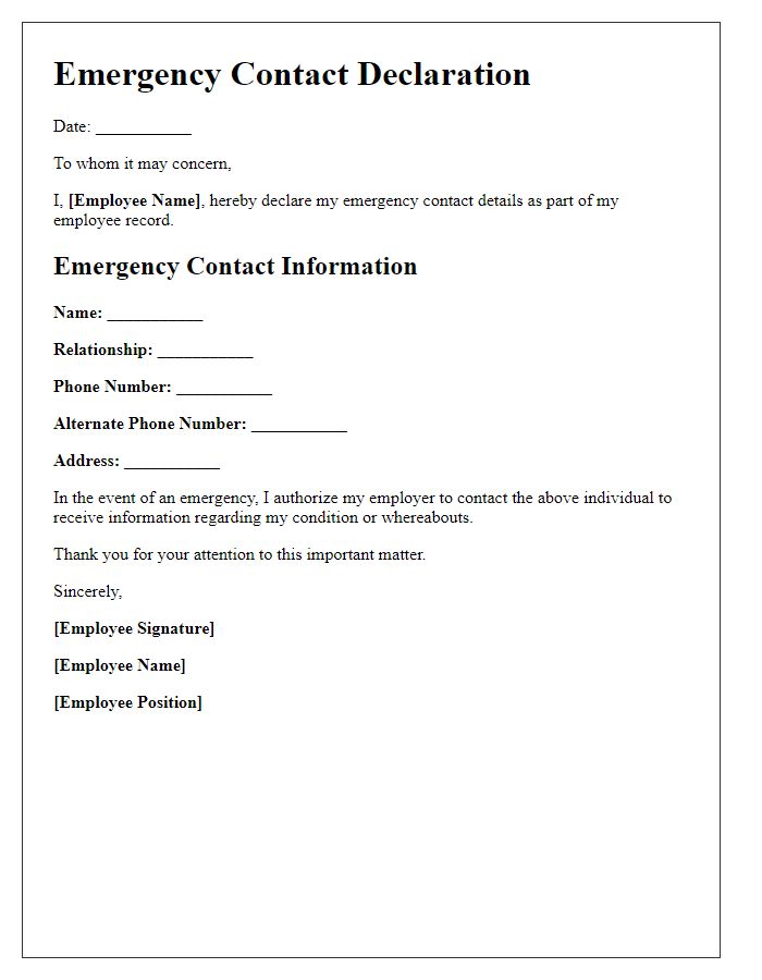 Letter template of emergency contact declaration for new hires