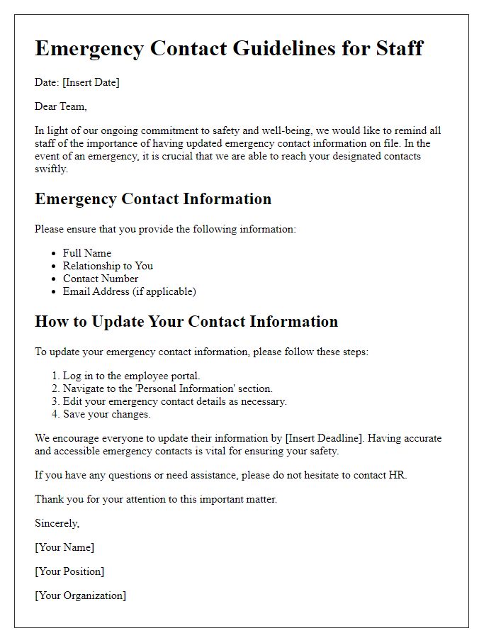 Letter template of emergency contact guidelines for staff