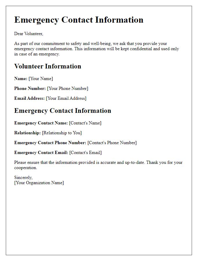 Letter template of emergency contact information for volunteers