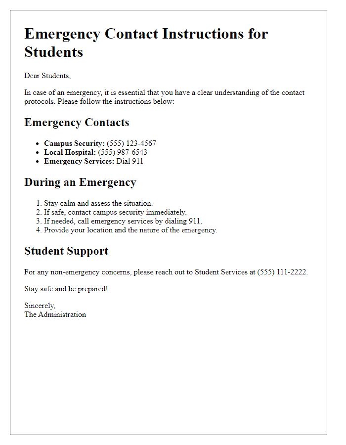 Letter template of emergency contact instructions for students