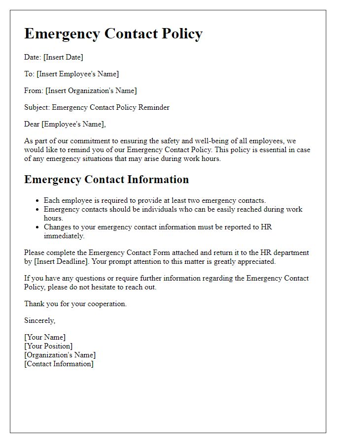 Letter template of emergency contact policy for organizations