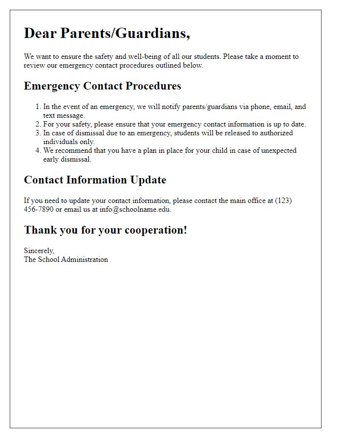 Letter template of emergency contact procedures for parents