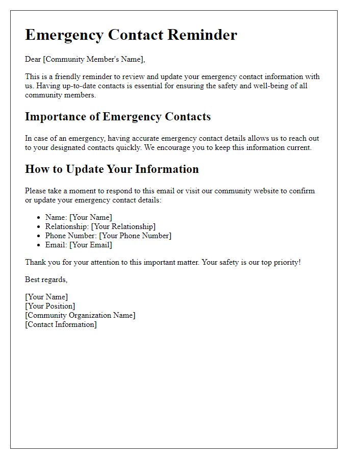 Letter template of emergency contact reminders for community members