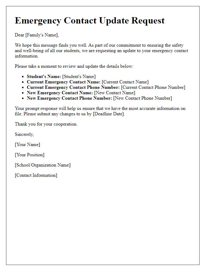 Letter template of emergency contact update request for families