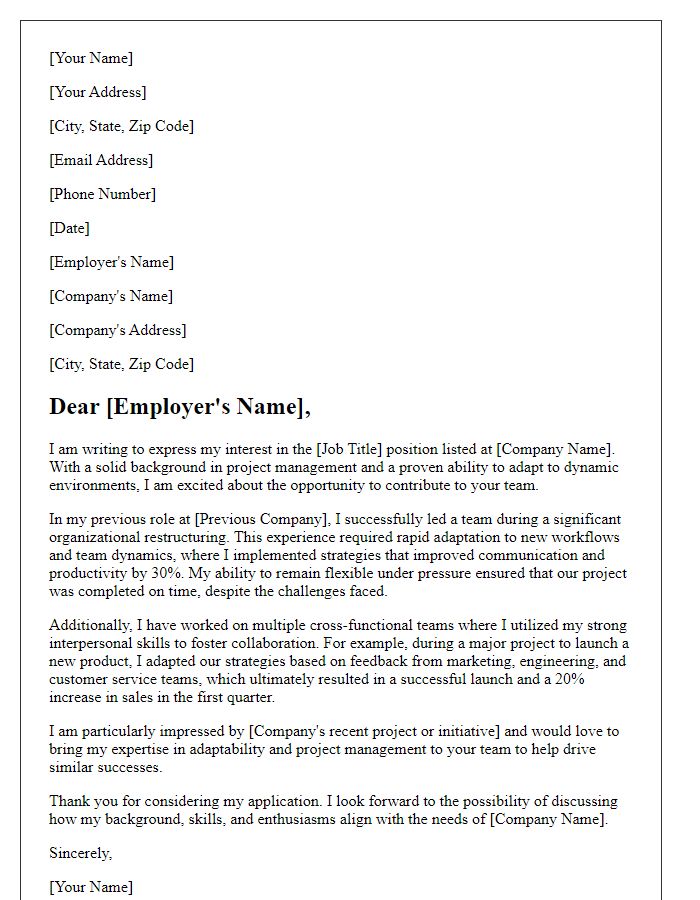 Letter template of job application illustrating adaptability in project settings