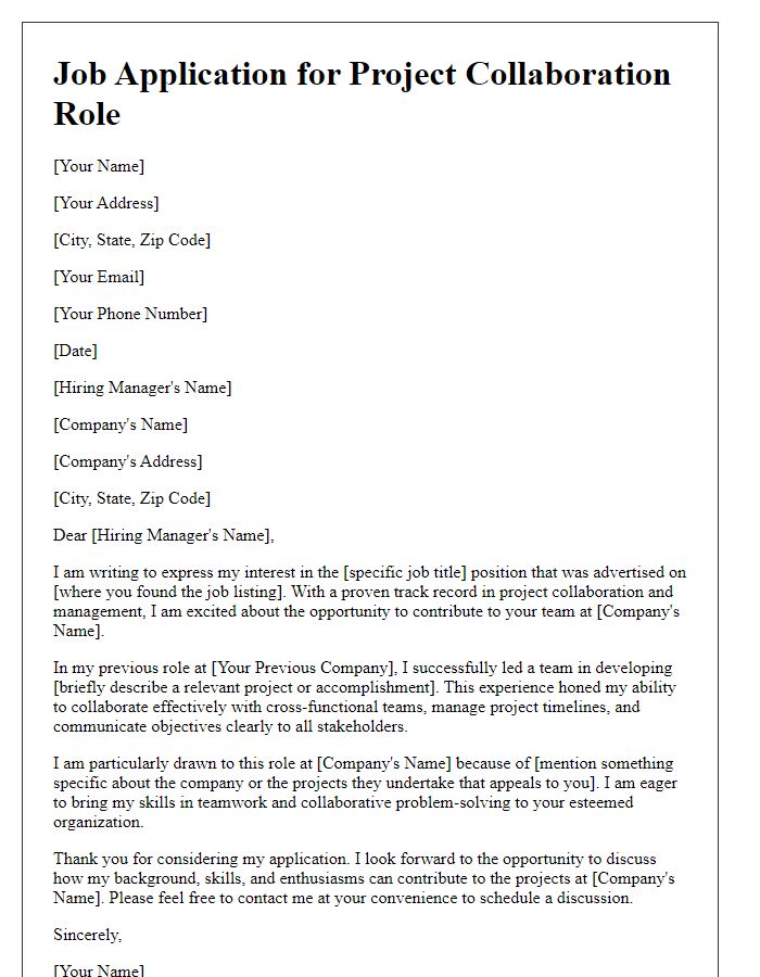 Letter template of job application for roles requiring project collaboration
