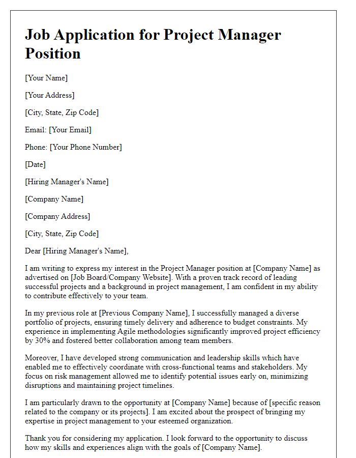 Letter template of job application showcasing project management skills