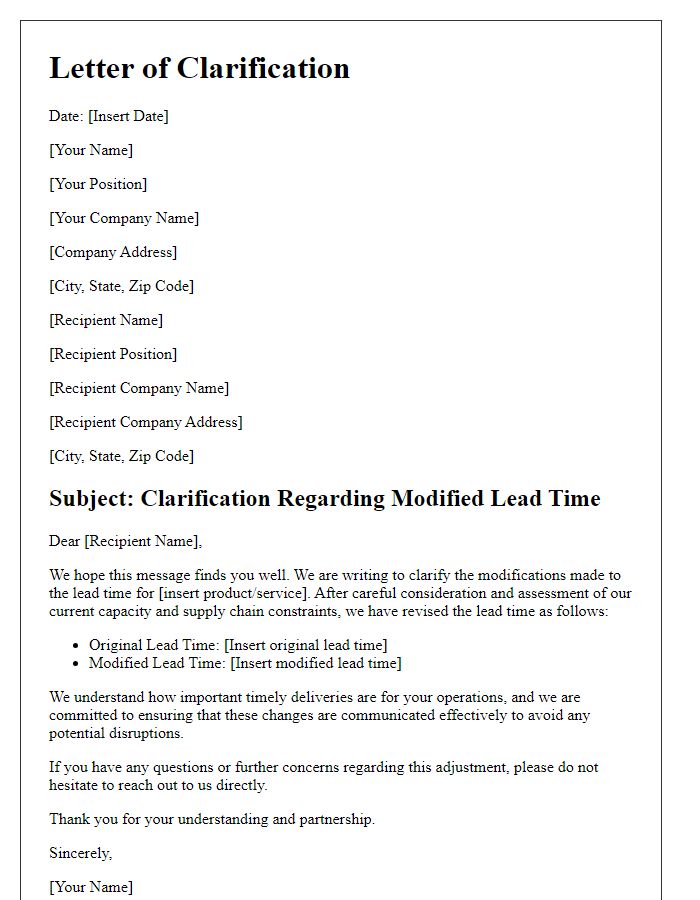 Letter template of clarification for modified lead time