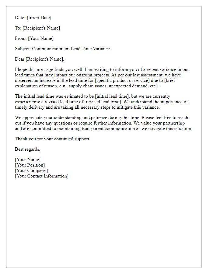 Letter template of communication on lead time variance
