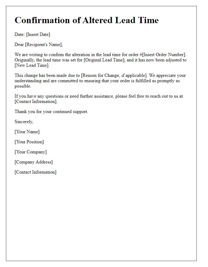 Letter template of confirmation for altered lead time